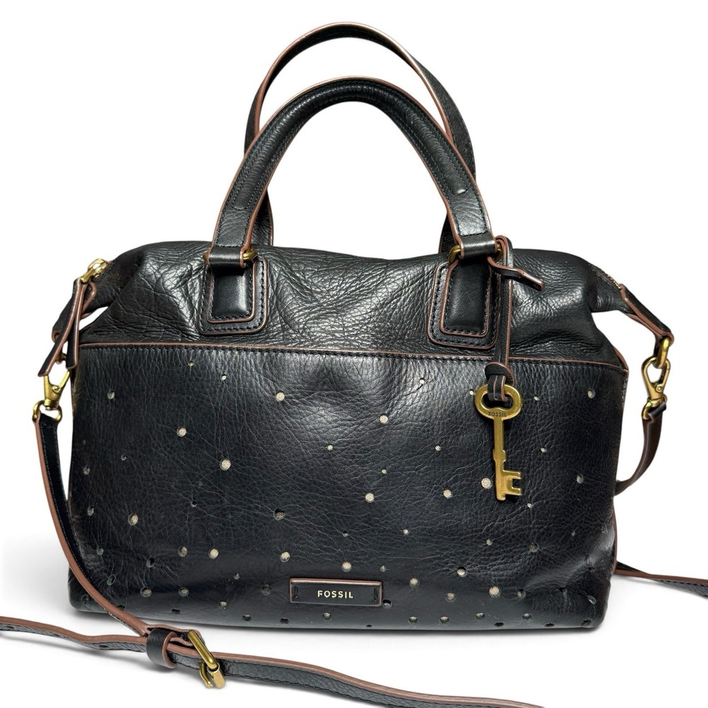 Fossil Satchel Leather Top Handle Crossbody Bag Black Zip Gold Key Charm